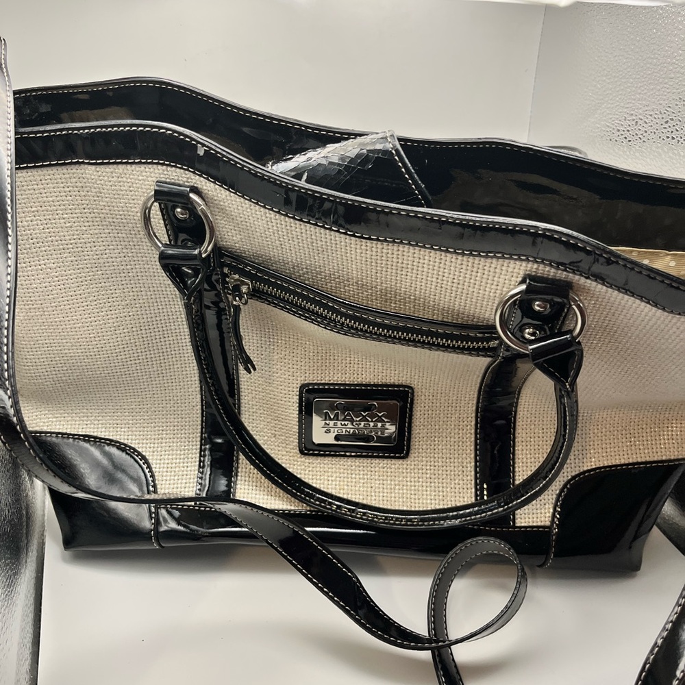 Maxx New York Black and Cream Woven Tote with Patent Trim